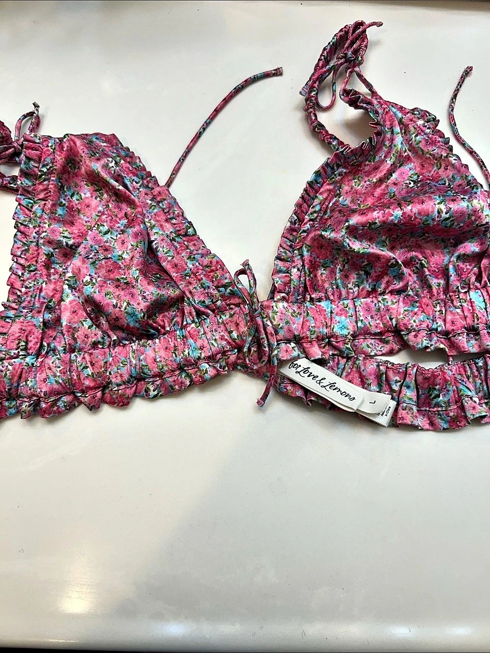 for love & lemons Floral Bikini Set in Pink & Blue Large Like New